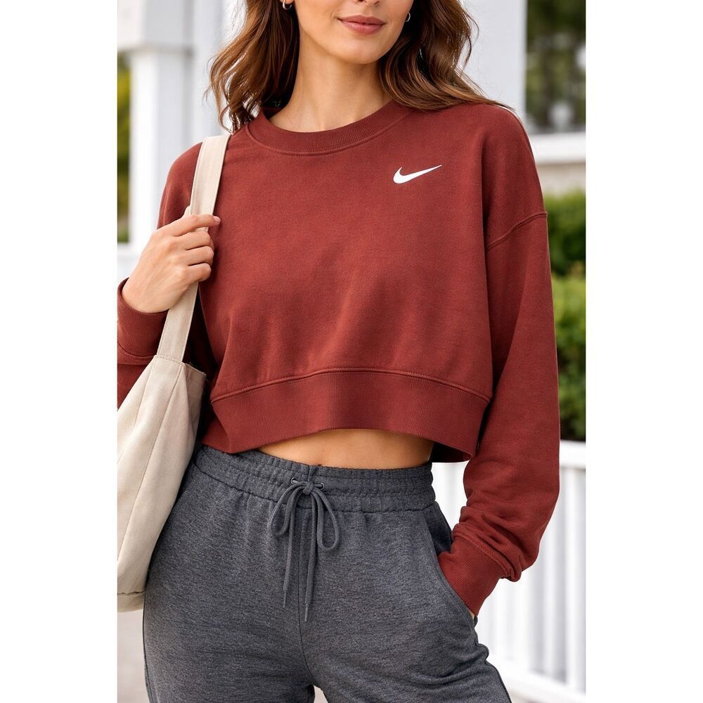 Nike Cropped Sweatshirt XS Rust Brown Swoosh Crewneck Athleisure Cozy Pullover